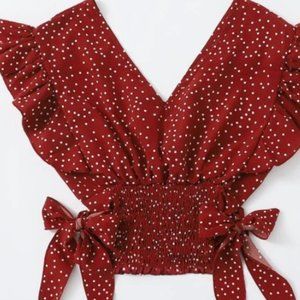Shein Surplice Front Knot Side Polka Dot Shirred Top